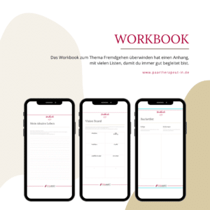 Workbook Fremdgehen aufarbeiten. Auf dem Bild sind 3 Auszüge des Workbooks auf 3 Handys gezeigt.